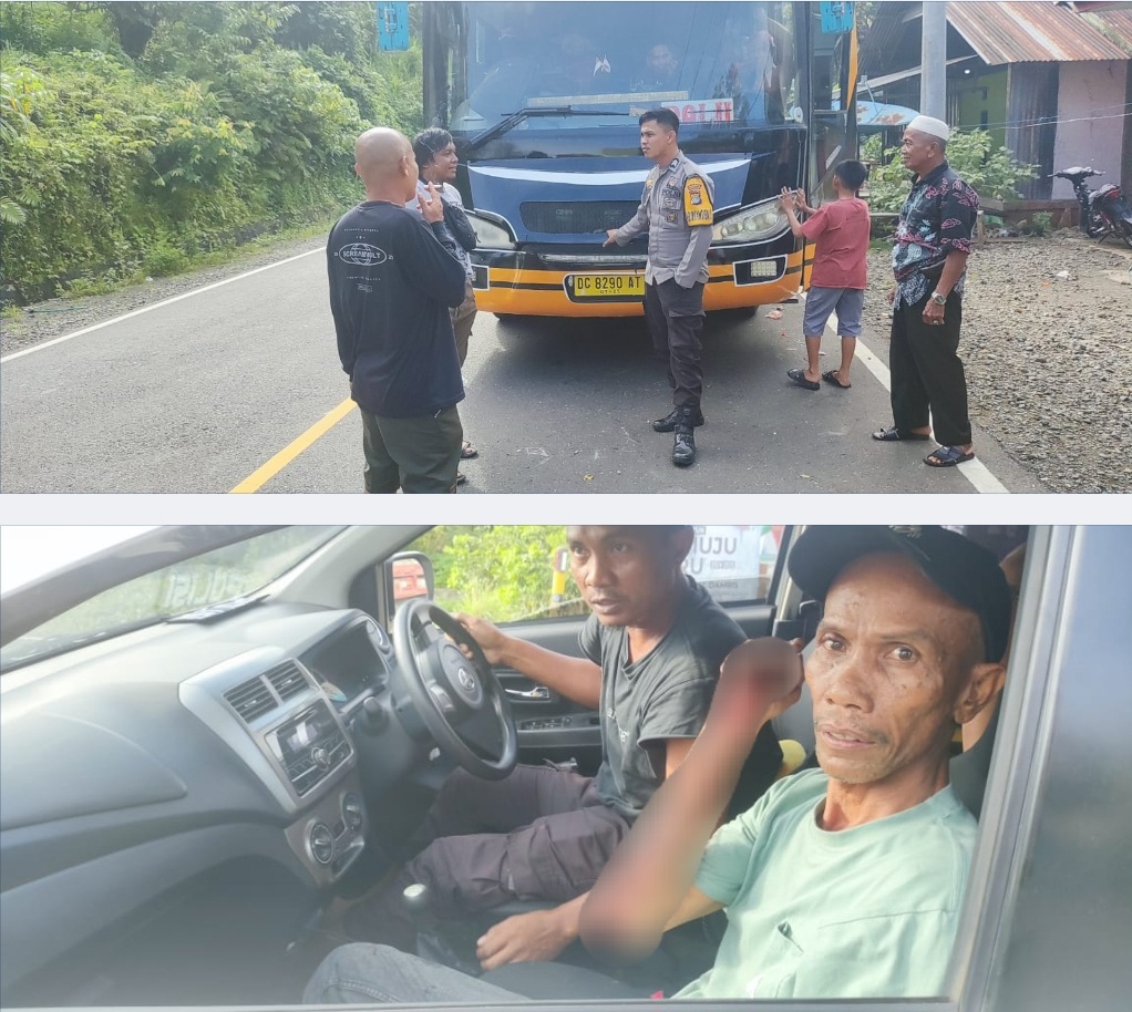 Polisi mengamankan TKP penikaman (foto atas) di Jalur Trans Sulawesi di Kecamatan Tapalang, Kabupaten Mamuju. Korban penikaman dievakuasi ke Poskesmas (foto bawah).