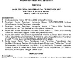 Pengumuman Hasil Seleksi Administrasi Calon Anggota KPID Provinsi Sulawesi Barat Masa Jabatan 2025-2028